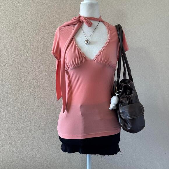 Wet Seal Tops - 2000s coral wet seal baby doll style neck tie detail blouse